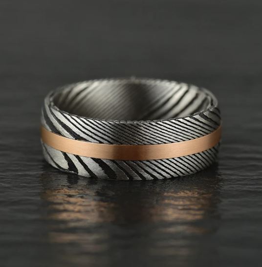 Damascus Steel Rose Inlay Men's Wedding Band 8MM - Rings By Pristine