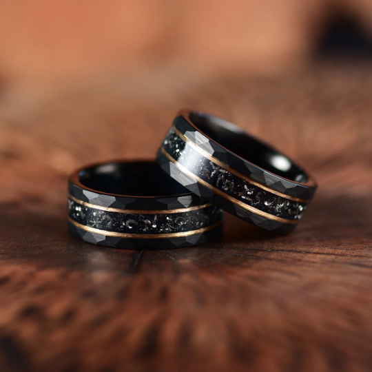 Black Hammered Tungsten Meteorite Men's Wedding Band 8MM - Rings By Pristine
