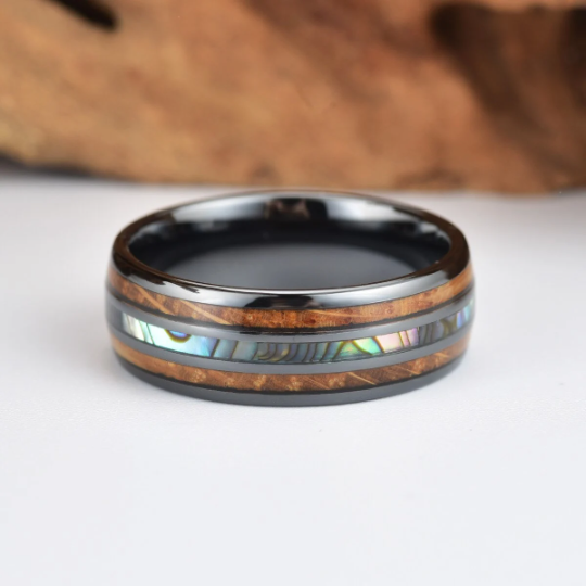 Black Ceramic Abalone Shell Whiskey Barrel Wood Men's Wedding Band 8MM - Rings By Pristine