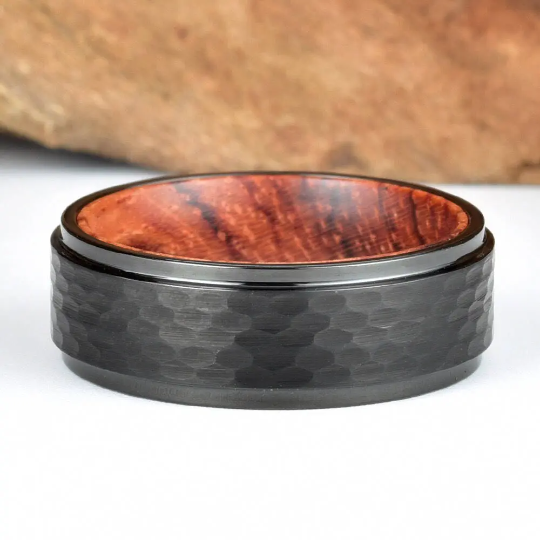 Rose Wood Hammered Black Tungsten Men's Wedding Band 8MM - Rings By Pristine