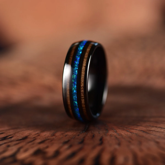Black Tungsten Koa Wood Blue Opal Men's Wedding Band 8MM - Rings By Pristine