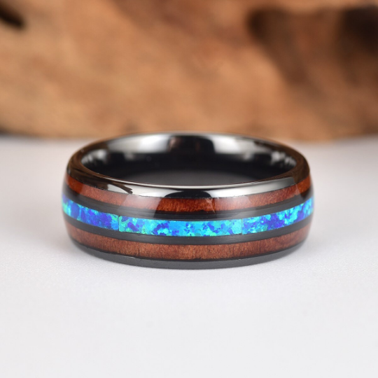 Black Ceramic Koa Wood Blue Opal Men's Wedding Band 8MM - Rings By Pristine