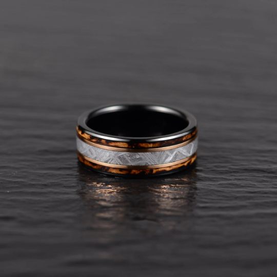 Black Tugsten Charred Whiskey Inlay Meteorite Men's Wedding Band - Rings By Pristine
