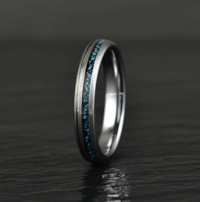 Crushed Turquoise Grey Tungsten Women's Wedding Band 4MM - Rings By Pristine