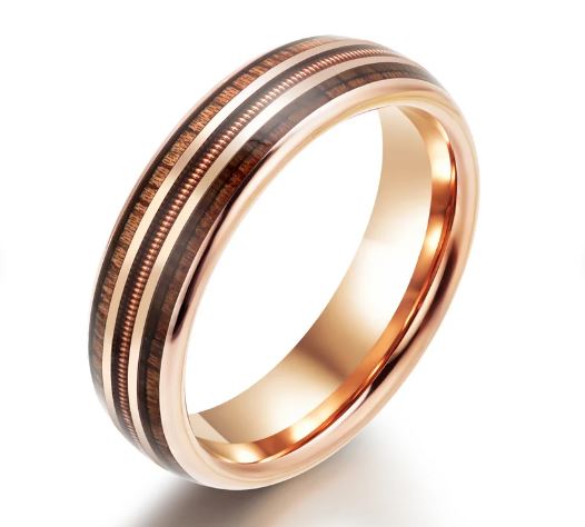 Koa Wood Rose Tungsten Guitar String Women's Wedding Band 4MM - Rings By Pristine