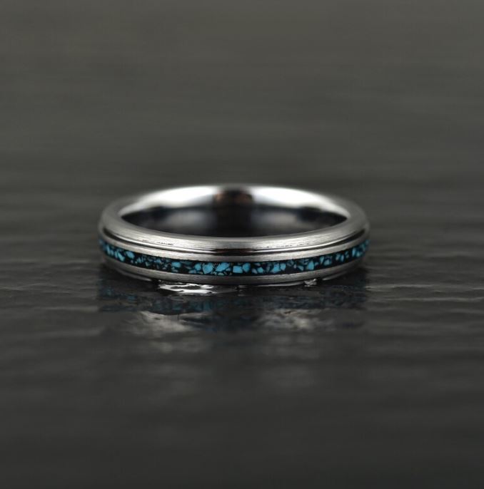 Crushed Turquoise Grey Tungsten Women's Wedding Band 4MM - Rings By Pristine
