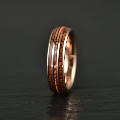 Koa Wood Rose Tungsten Guitar String Women's Wedding Band 4MM - Rings By Pristine