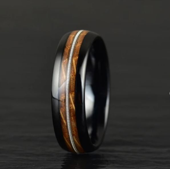 Whiskey Barrel Wood Guitar String Black Tungsten Women's Wedding Band 4MM - Rings By Pristine