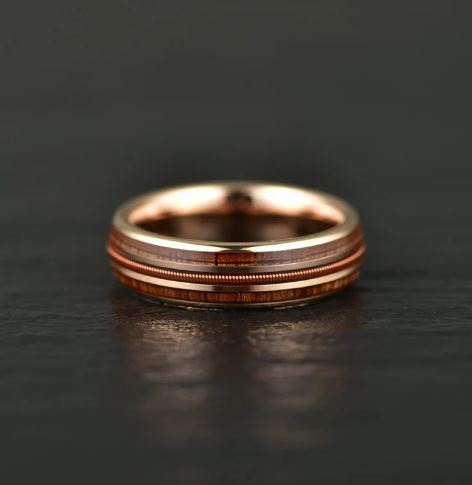 Koa Wood Rose Tungsten Guitar String Women's Wedding Band 4MM - Rings By Pristine