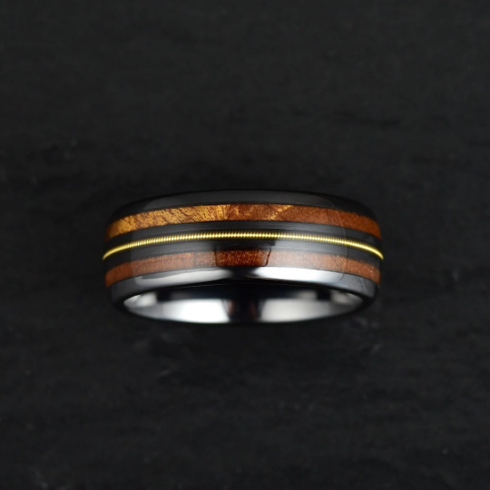 Black Ceramic Koa Wood Guitar String Men's Wedding Band 8MM - Rings By Pristine