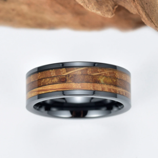 Black Ceramic Tobbaco Leaf Whiskey Barrel Wood Men's Wedding Band 8MM - Rings By Pristine