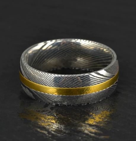 Damascus Steel Yellow Inlay Men's Wedding Band 8MM - Rings By Pristine