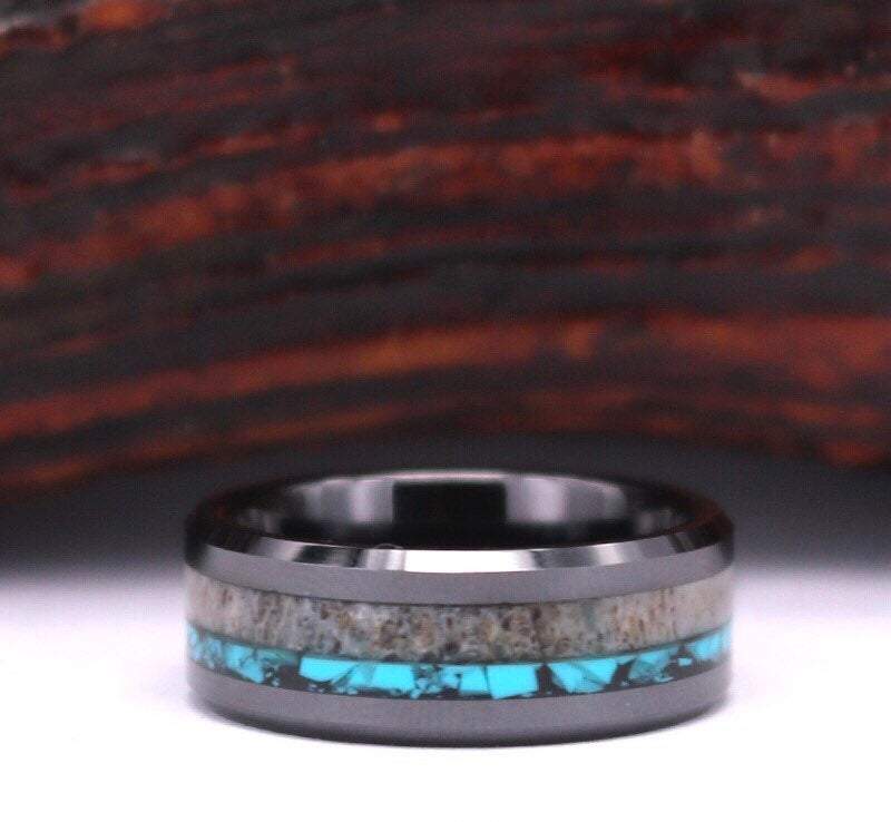 Deer Antler Turquoise Black Tungsten Men's Wedding Band 8MM - Rings By Pristine