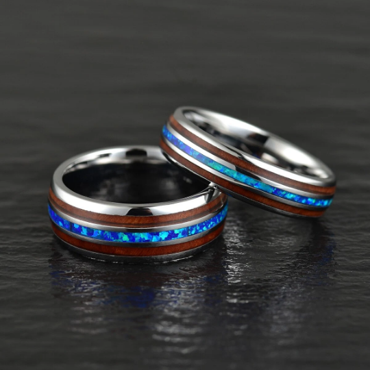Grey Tungsten Koa Wood Blue Opal Men's Wedding Band 8MM - Rings By Pristine
