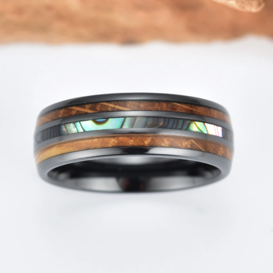 Black Ceramic Abalone Shell Whiskey Barrel Wood Men's Wedding Band 8MM - Rings By Pristine