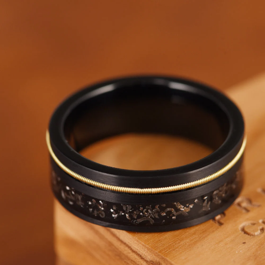 Crushed Meteorite Yellow Guitar String Men's Wedding Band 8MM - Rings By Pristine