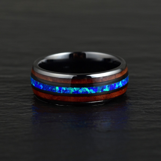 Black Ceramic Koa Wood Blue Opal Men's Wedding Band 8MM - Rings By Pristine