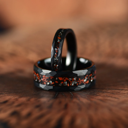 Black Hammered Tungsten Dinosaur Bone and Meteorite Men's Wedding Band 8MM - Rings By Pristine