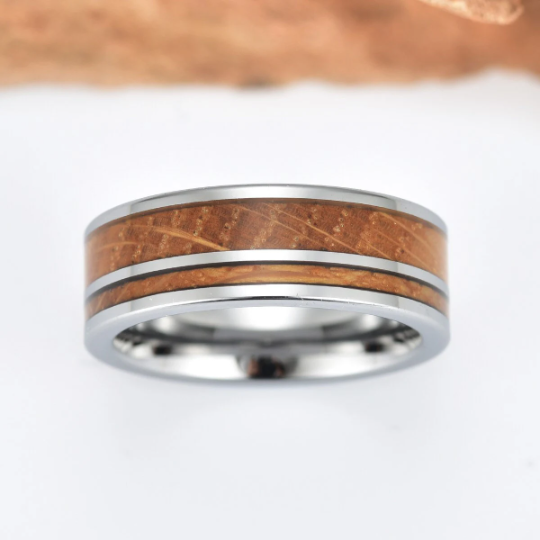 Tungsten Whiskey Barrel Wood Men's Wedding Band 8MM - Rings By Pristine
