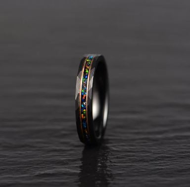 Black Hammered Tungsten Crushed Opal Women's Wedding Band 4MM - Rings By Pristine