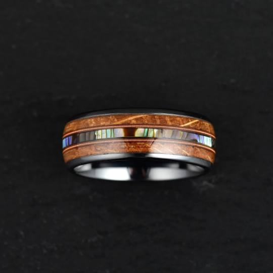 Tungsten Abalone Guitar String Whiskey Barrell Men's Wedding Band 8MM - Rings By Pristine