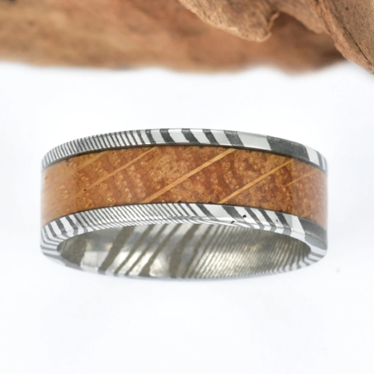 Damascus Whiskey Barrel Wood Men's Wedding Band 8MM - Rings By Pristine