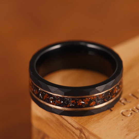 Black Hammered Tungsten Dinosaur Bone and Meteorite Men's Wedding Band 8MM - Rings By Pristine
