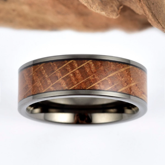 Black Ceramic Whiskey Barrel Wood Antique Finish Men's Wedding Band 8MM - Rings By Pristine