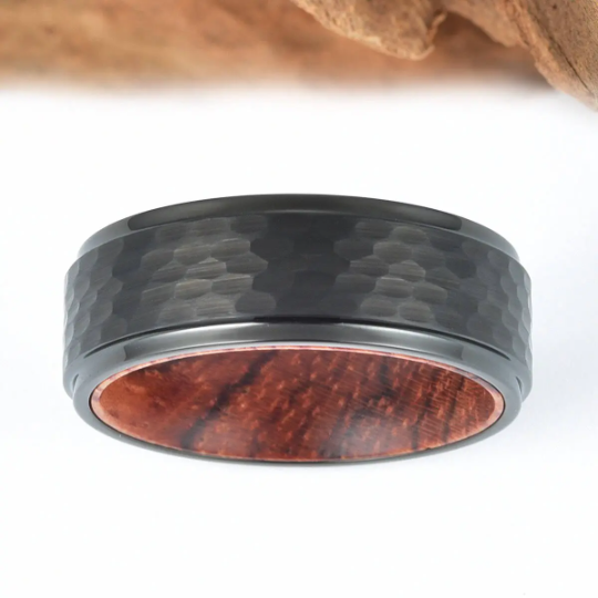 Rose Wood Hammered Black Tungsten Men's Wedding Band 8MM - Rings By Pristine