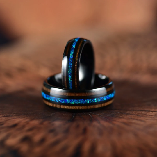 Black Tungsten Koa Wood Blue Opal Men's Wedding Band 8MM - Rings By Pristine