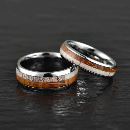 Tungsten Antler Whiskey Barrel Wood Men's Wedding Band 8MM - Rings By Pristine