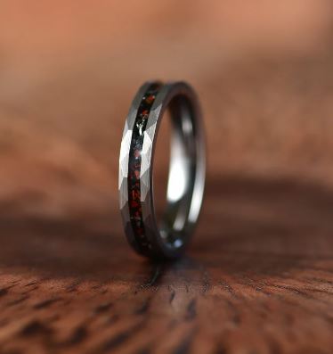 Grey Hammered Tungsten Dinosaur Bone and Meteorite Women's Wedding Band 4MM - Rings By Pristine