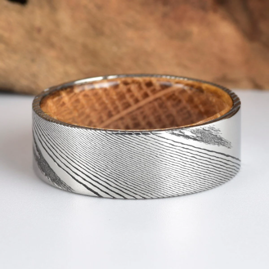 Damascus Whiskey Barrel Men's Wedding Band 8MM - Rings By Pristine