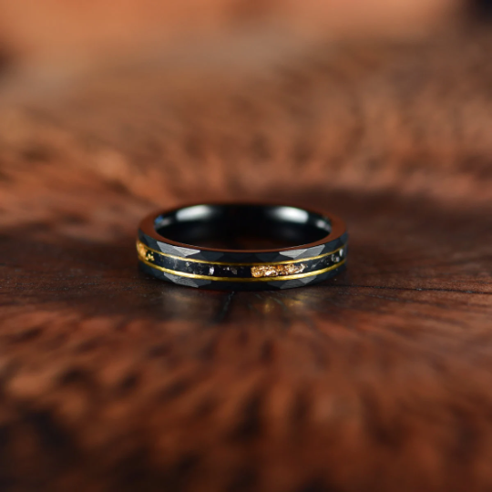 Gold Foil Tungsten and Meteorite Women's Wedding Band 4MM - Rings By Pristine