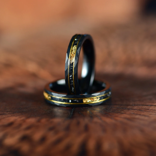 Gold Foil Tungsten and Meteorite Women's Wedding Band 4MM - Rings By Pristine