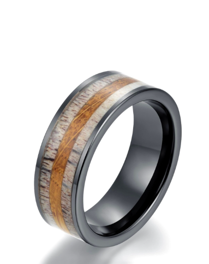 Black Ceramic White Oak Antler Inlay Men's Wedding Band - Rings By Pristine