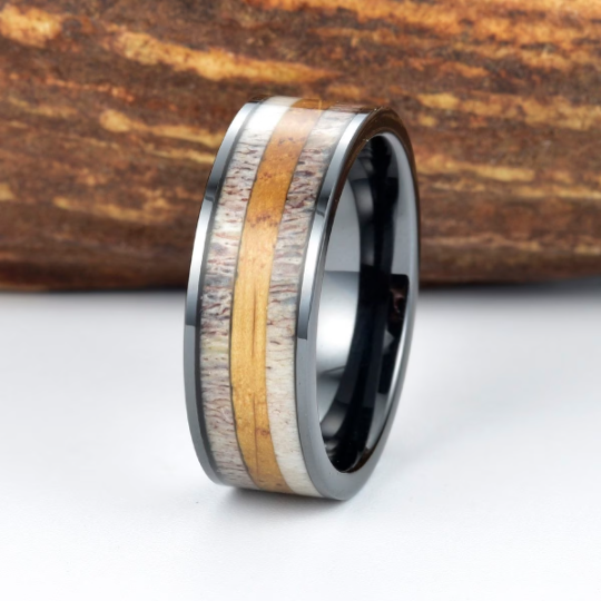 Black Ceramic White Oak Antler Inlay Men's Wedding Band - Rings By Pristine