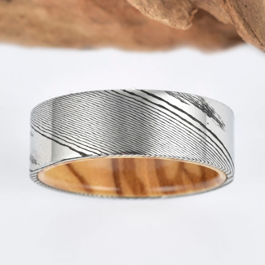 Damascus Olive Wood Men's Wedding Band 8MM - Rings By Pristine