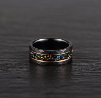 Black Hammered Tungsten Crushed Opal Men's Wedding Band 8MM - Rings By Pristine