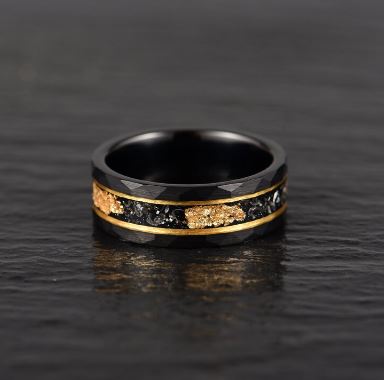 Gold Foil Tungsten and Meteorite Men's Wedding Band 8MM - Rings By Pristine