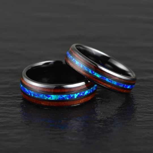 Black Ceramic Koa Wood Blue Opal Men's Wedding Band 8MM - Rings By Pristine
