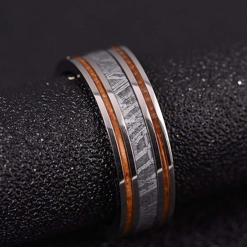 Meteorite Koa Wood Guitar String Men's Wedding Band 8MM - Rings By Pristine