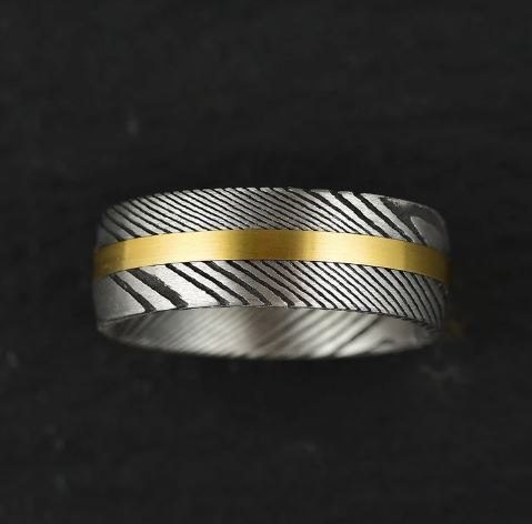 Damascus Steel Yellow Inlay Men's Wedding Band 8MM - Rings By Pristine