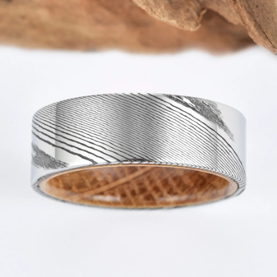Damascus Whiskey Barrel Men's Wedding Band 8MM - Rings By Pristine