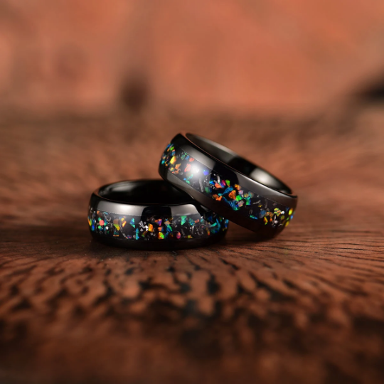 Black Tungsten Crushed Opal Rounded Men's Wedding Band 8MM - Rings By Pristine