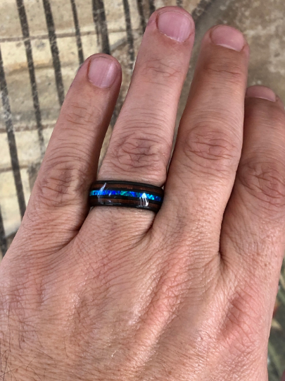 Black Ceramic Koa Wood Blue Opal Women's Wedding Band 4MM - Rings By Pristine