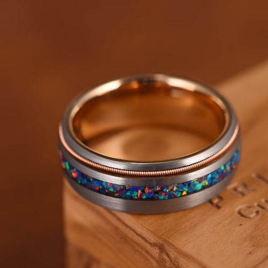 Crushed Opal Rose Tungsten Men's Wedding Band 8MM - Rings By Pristine