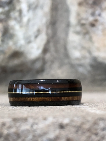 Black Ceramic Koa Wood Guitar String Men's Wedding Band 8MM - Rings By Pristine