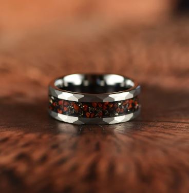 Grey Hammered Tungsten Dinosaur Bone and Meteorite Men's Wedding Band 8MM - Rings By Pristine