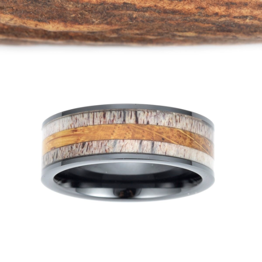 Black Ceramic White Oak Antler Inlay Men's Wedding Band - Rings By Pristine